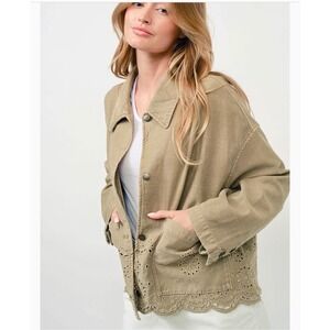 Miou Muse Khaki Denim Jacket Eyelet Embroidered Small Boho Coquette New